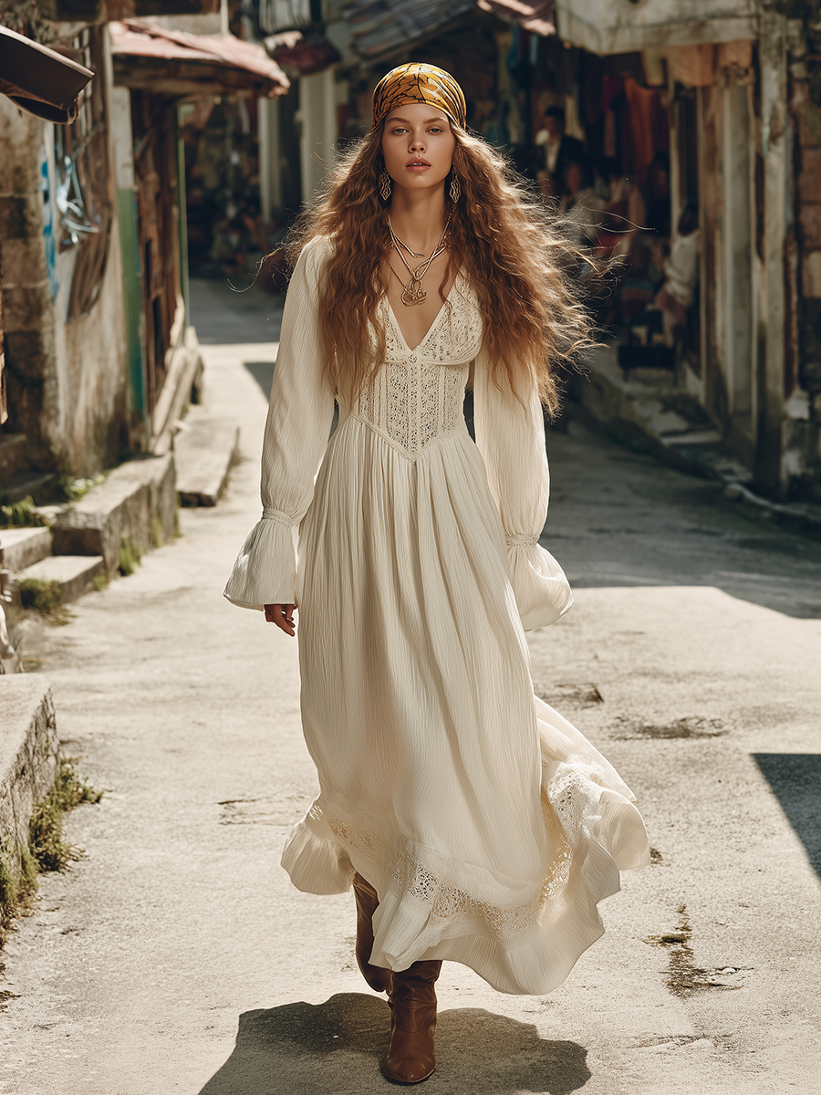 Romantic Bohemian Lace Top With Textured Hem Maxi Dress