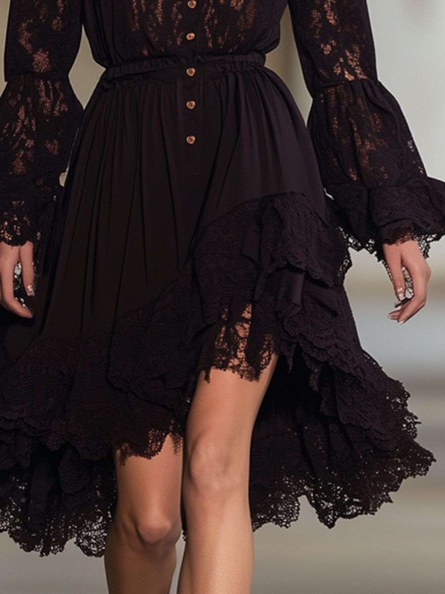 Vintage Cocoa Brown Lace Long Sleeve Elastic Waist Midi Dress