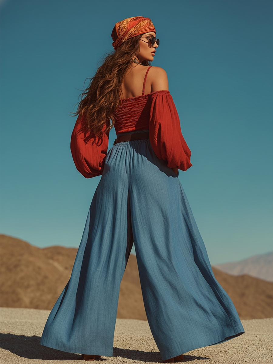 Retro Bohemian Red Cotton Off-Shoulder Top And Blue Tencel Wide-Leg Pants Set