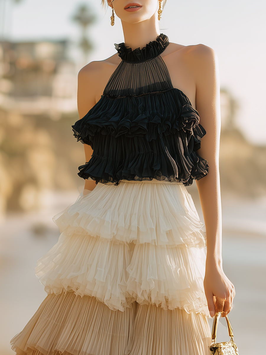 Glamorous Party Black And Beige Color-blocked Pleated Multi-layered Ruffled Midi Dress