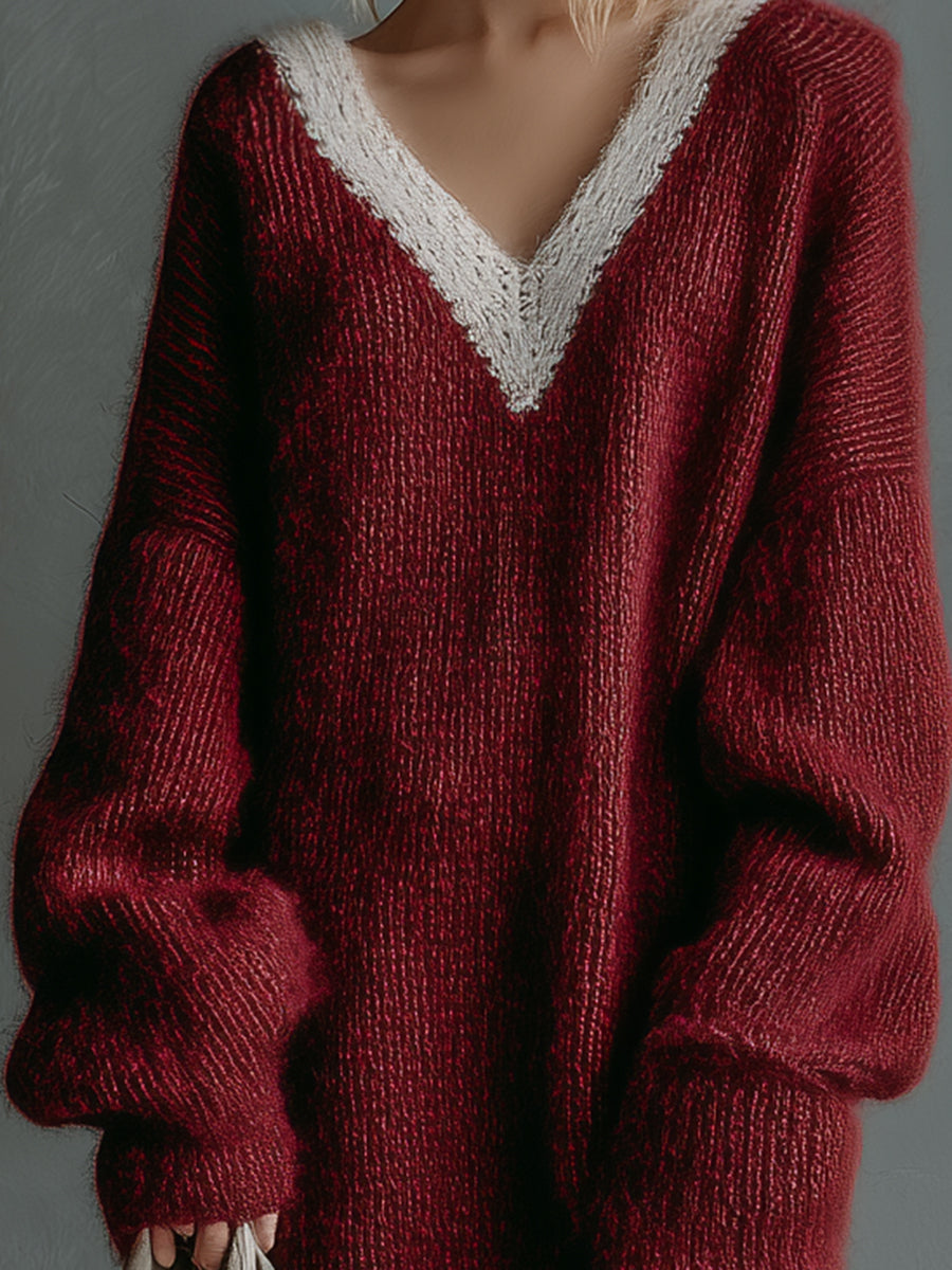 Red V-neck Stitching White Pocket Sweater Midi Dress