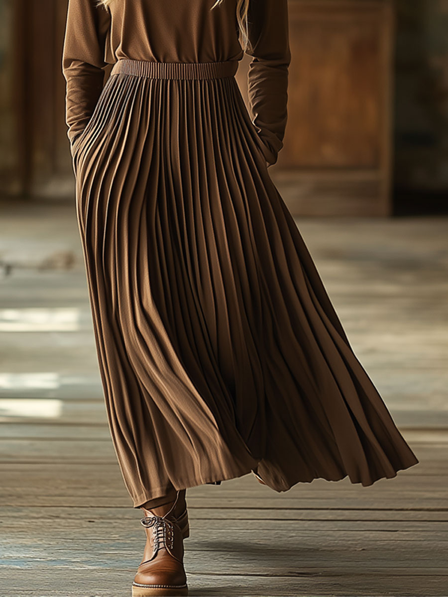 Retro Blue Polo Shirt Brown Long Sleeve Pleated Skirt Sports Set