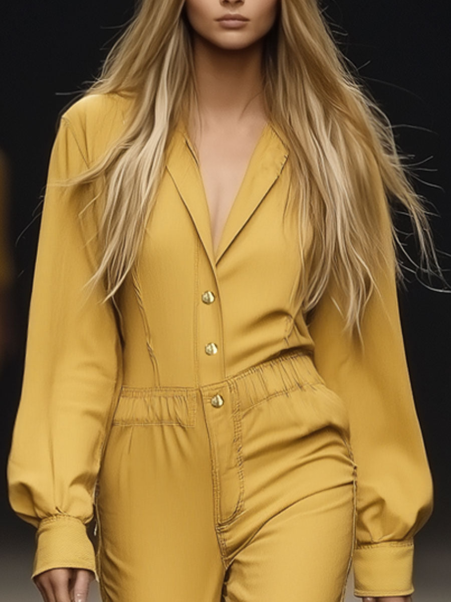 Fashion Retro Naples Yellow Washed Cotton Lapel Jumpsuit