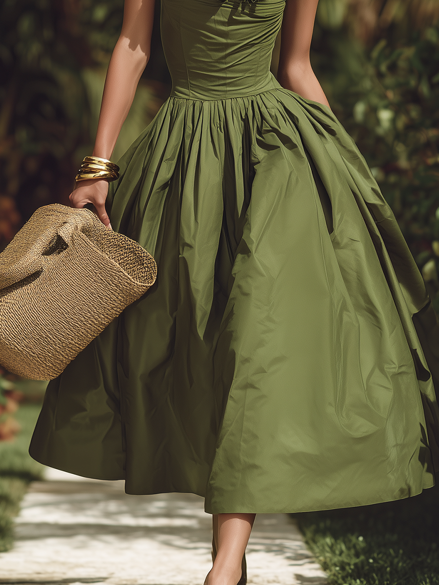 Elegant Vacation Style Ruffled Neckline A-line Green Midi Dress