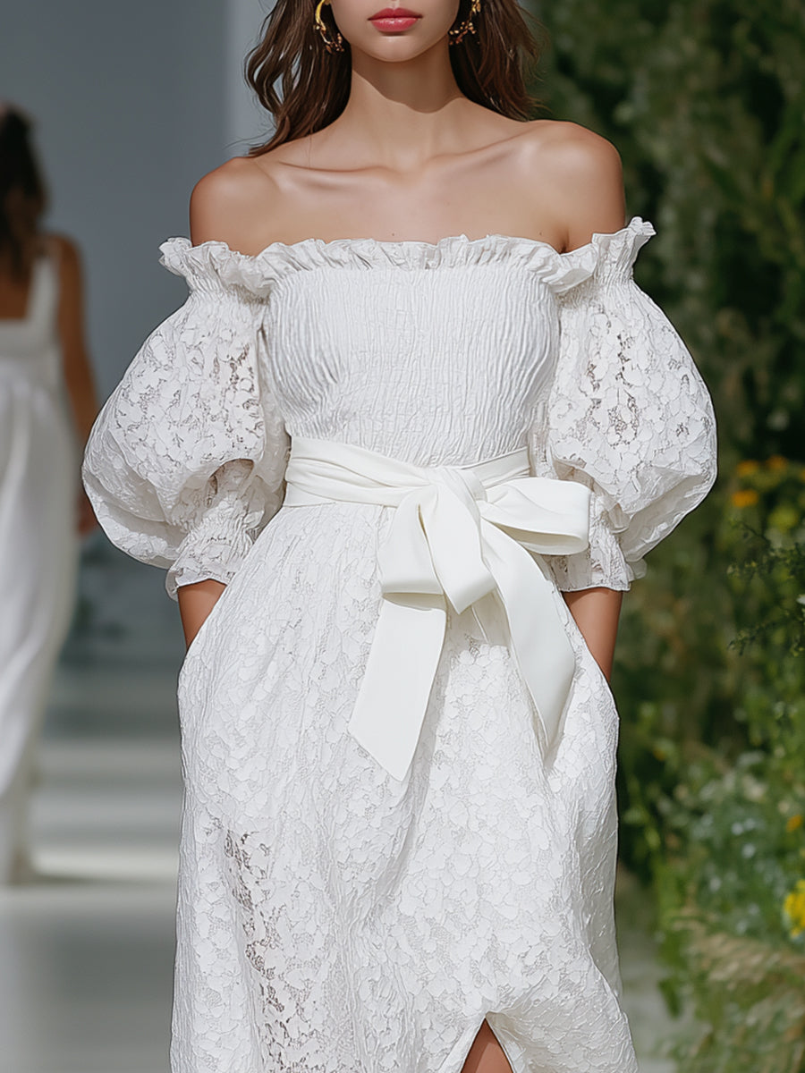 Elegant Bohemian Bow-Waisted White Lace Off-Shoulder Maxi Dress