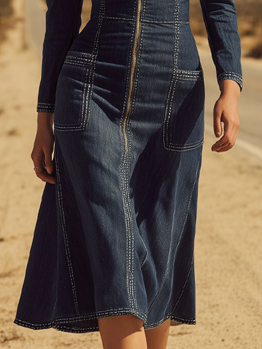Fashion Retro Dark Blue Washed Denim V-Neck Long-Sleeved Midi Dress