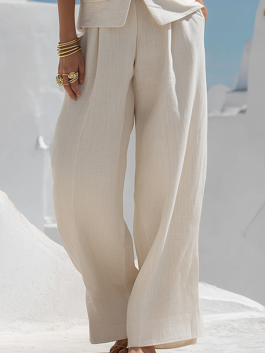 Resort-style Off-white Sleeveless V-neck Top And Wide-leg Pants Set