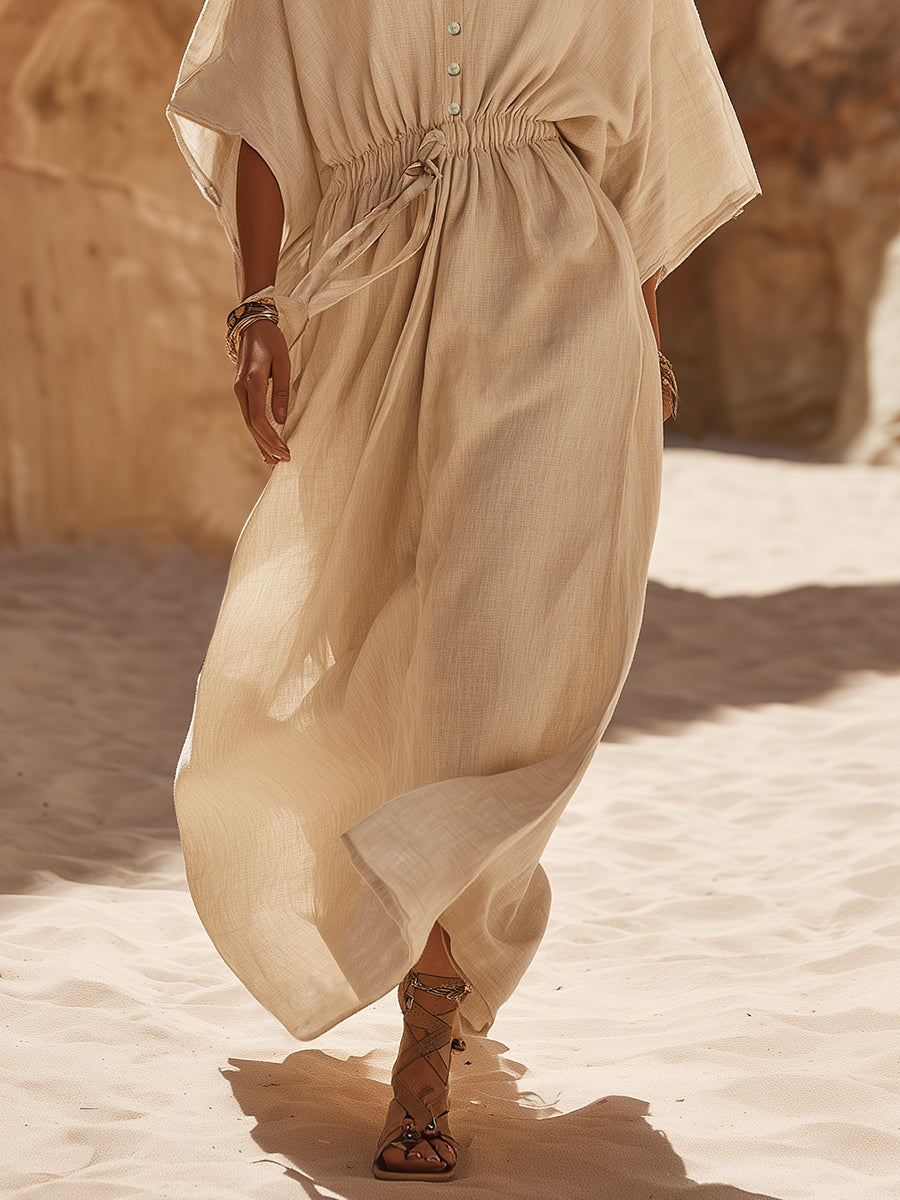 Casual Loose-fitting Button Beige Cotton Linen Wide-sleeved Drawstring Midi Dress