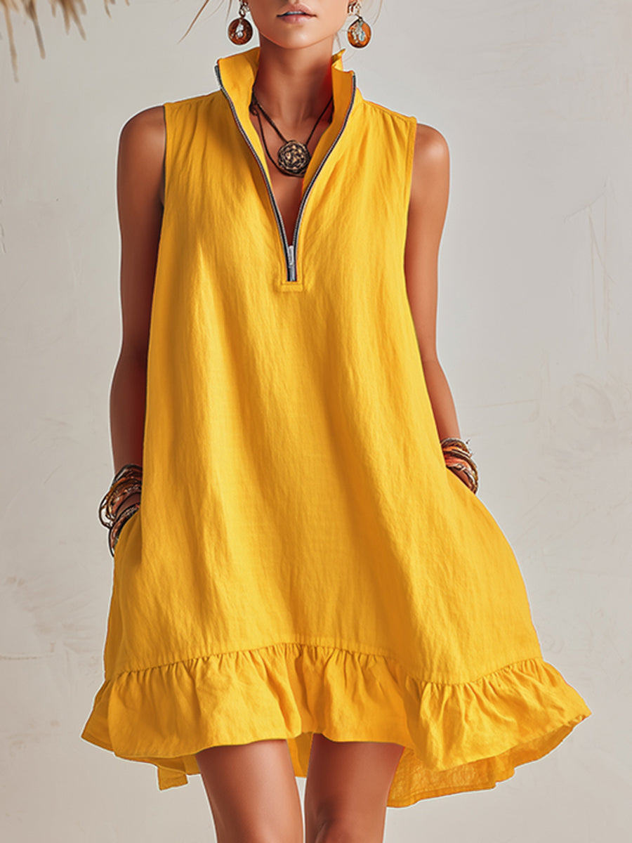 Vibrant Resort Orange Cotton Linen Half-Zip Stand Collar Ruffled Hem Mini Dress