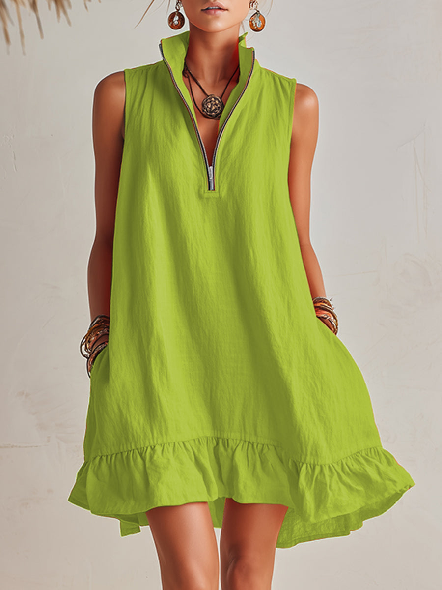 Vibrant Resort Orange Cotton Linen Half-Zip Stand Collar Ruffled Hem Mini Dress