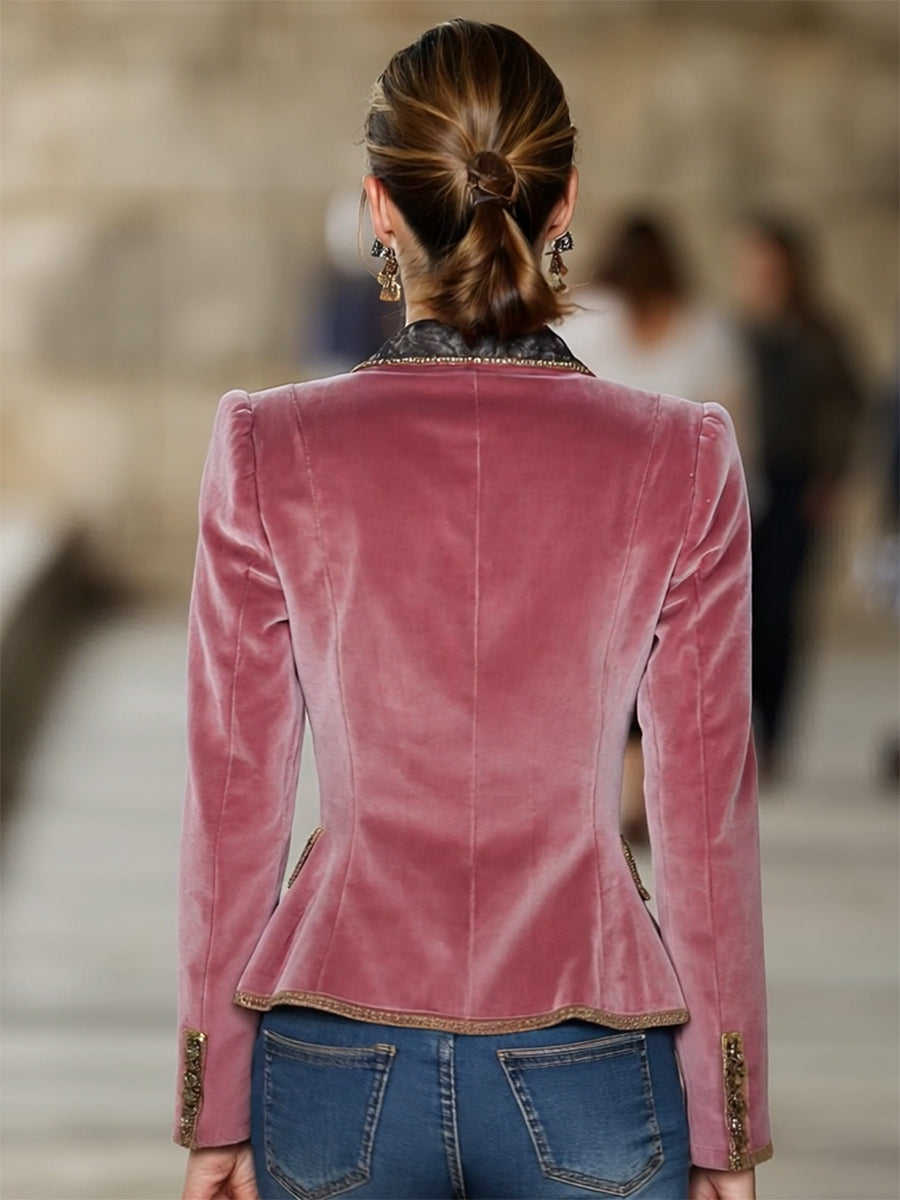 Pink Velvet Collar Lace And Gold Ribbon Blazer